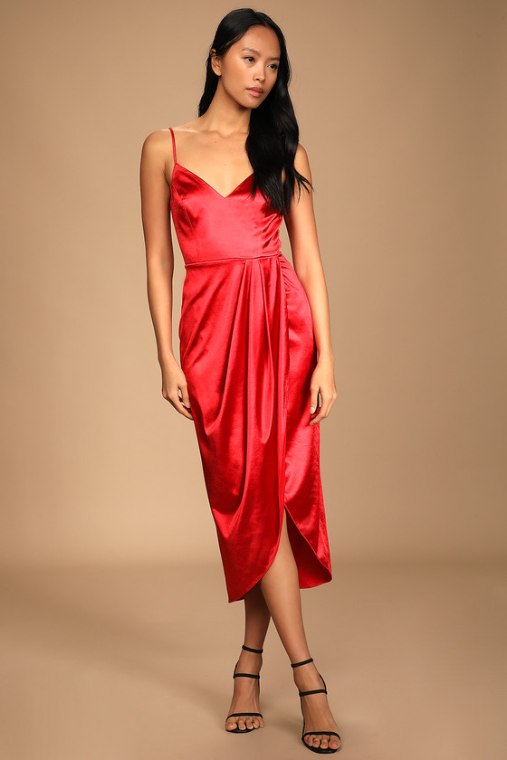 Red Midi Dress - Satin Dress - Tulip ...